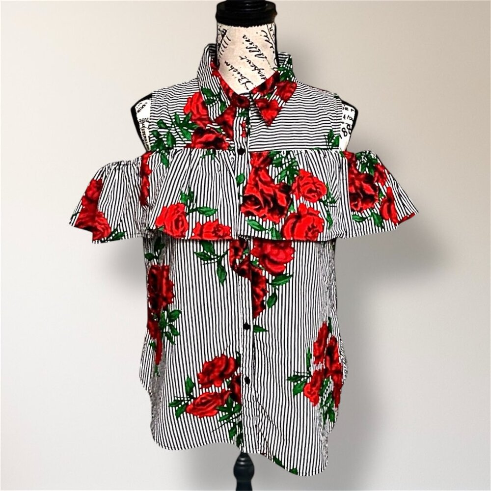 Blush XL Red Floral Stripe Cotton Cold Shoulder Ruffle Button Front‎ Blouse Boho